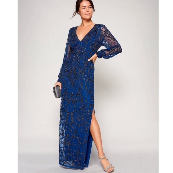 Aidan mattox fully beaded long sleeve V-Neck long gown - Picture 3 of 16